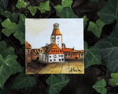 Tiny house, miniature painting, original acrylic on cardboard contemporary art, Medieval Town Hall of Brasov, travel souvenir Romania Europe