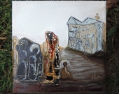 Medieval story, unique artwork, classy square canvas painting, mixed technique, linocut acrylic painting, collage art, Romanian miniature