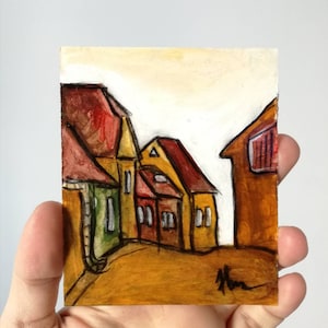 Casas coloridas, encanto de Transilvania: Pequeña pintura acrílica sobre cartón grueso, pequeña pintura original, calle medieval, viajes a Rumania