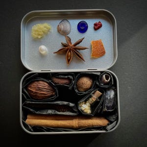 Könnte beinhalten: Eine silberne Dose mit schwarzem Innenraum, die verschiedene Gewürze und Zutaten enthält. Die Oberseite der Dose hat eine weiße Perle, einen Sternanis, eine Muschel, ein kleines Stück Orangenschale, eine blaue Glasperle und eine rote Perle.