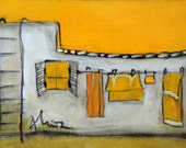 Yellow painting, Mediterranean laundry, summer light, original acrylic art, bright colors, chill artwork, miniature gift for her, Italy sun