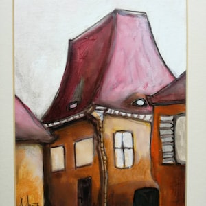 Casa em Sibiu Transilvânia, pintura acrílica original, arquitetura antiga, telhado alto medieval Romênia lembrança de viagem sem moldura Hermanstadt