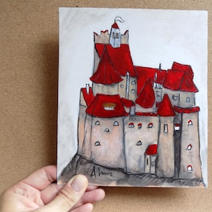 Pintura original del castillo de Bran, arquitectura de Transilvania, monumento medieval, recuerdo de viaje a Rumania, Drácula no estaba allí :)