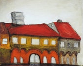 Acrylic painting, landscape,  contemporary art, "Medieval architecture on Buda Hill, Budapest" Central-Eastern Europe