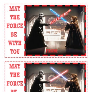 Può includere: Un biglietto stampabile con una scena di Star Wars con Darth Vader e Obi-Wan Kenobi che combattono con spade laser. Il biglietto dice "Che la Forza sia con te" e ha uno spazio per scrivere un nome.
