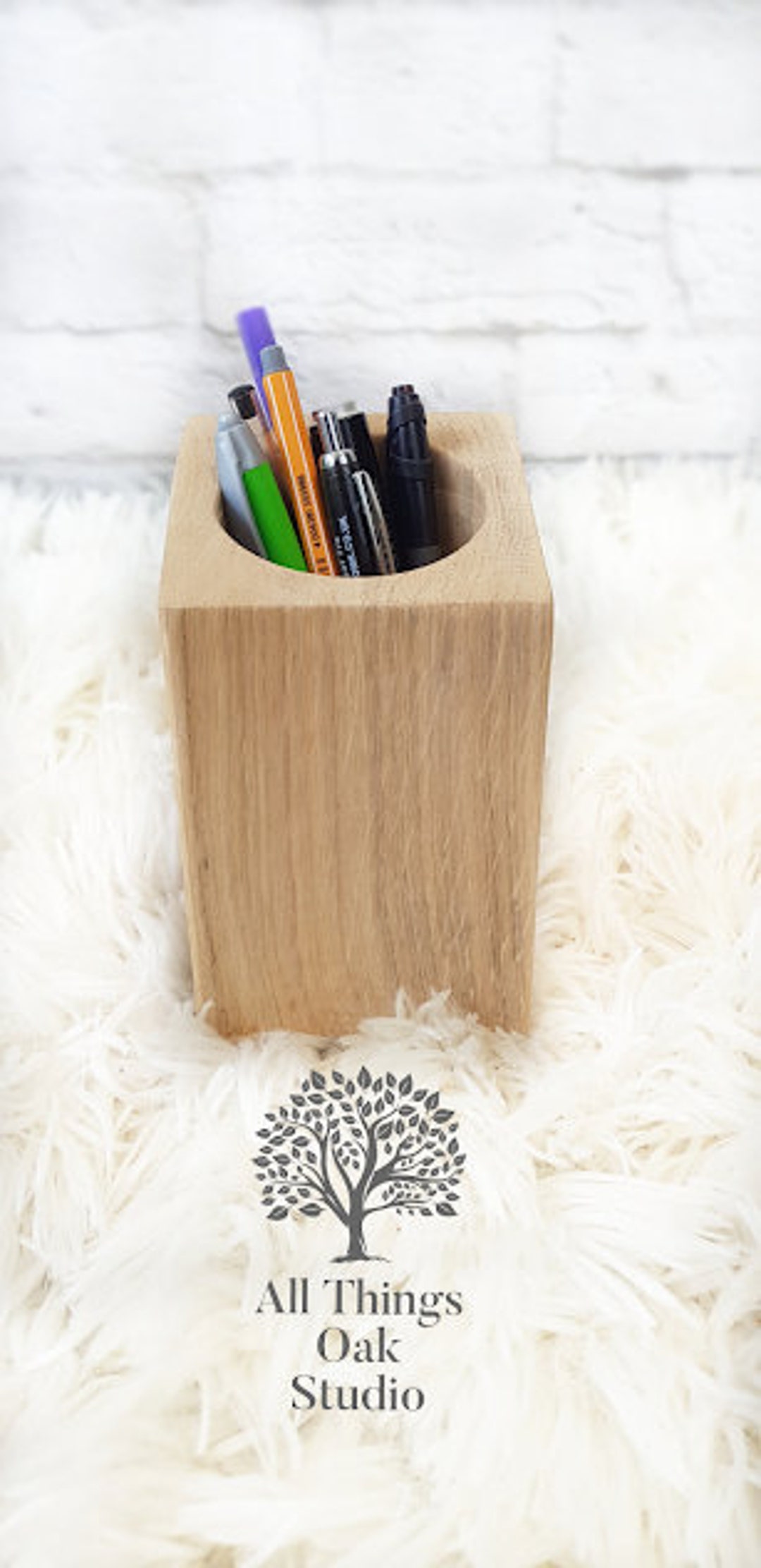 Solid Oak Wooden Hardwood Natural Rustic Pen Pot Holder Desk Tidy. 5th