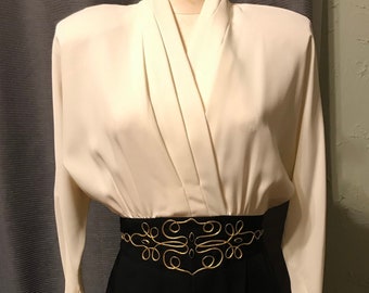 Super Dynasty 80s Black and Ivory Jumpsuit with Gold Trim by Joan Walters/ One-Piece/ Catsuit/ Onesie - Small/Medium - VFG