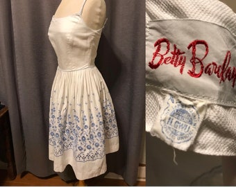 Early 60s “Betty Barclay” White Waffle Cotton Summer Dress with Cornflower Blue Embroidered Eyelet Border, Double Straps - XS/Small Petite