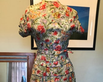 40s Rayon Floral 3-Piece Dress Set/ As-Is 40s Blouse, Skirt and Belt - XS Tiny and Petite (several pin holes, needs a few eyes and snaps)