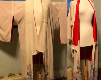 Antique 20s - 30s Japanese Kimono Robe in gorgeous Grey-Taupe Silk/Rayon Crepe, lined in Red Pongee Raw Silk - Decorated with Cranes - VFG