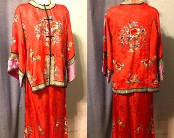 20s Red Pongee Silk Chinese Export Beach Pajamas with Intricate Silk Embroidery/ Silk Jacket and Pants Set - Adjustable Size - VFG