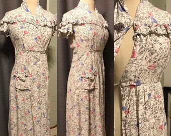 Incredible 30s-40s BALLERINA Cold Rayon Novelty Print Dressing Gown/Vintage Lingerie/Short-Sleeve Robe with Ballerinas and Foliage - XS/S