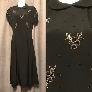 Beautiful Full Skirted 40s Black Rayon Crepe Gown with Floral Beadwork Bodice, Neck and Side Zips, Cap Sleeves, Shoulder Pads - Small image 1