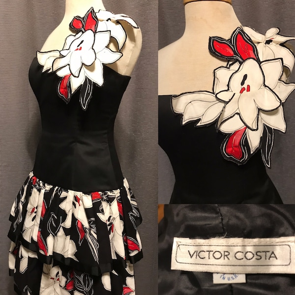 Victor Costa 80s Cotton Peplum Cocktail Dress with 3D Floral Appliqué in Black, White and Red with Built in Stiffening Crinoline - Small