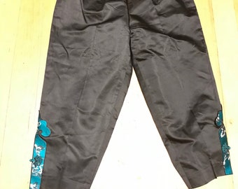 Early 60s Black Silk Capri Pants with Turquoise Accents/Elegant with a Tea Timer or a Cropped Blouse - Small 26" Waist