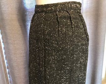 Fleck Pattern 50s Wool Wiggle Skirt, Nubby 50s Charcoal with White Fleck Wool Wiggle with Side Zipper and Front Kick Pleat - Small - VFG
