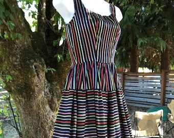 Black 50s Party Dress with Rainbow Color Silk Ribbon Stripes with Full Sweep and Crinoline/Prom/Junior Prom/Holiday Party - Petite XS - VFG