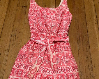 50s - 60s Playsuit Style Romper/ Swimsuit by Cole of California in a Pink and White Batik-Style All Over Print with Self Belt - Med - VFG