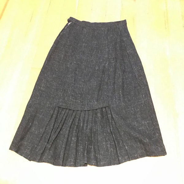 50s Curve Hugging Charcoal Fleck Wool Wiggle Skirt with Accented Back Kick Pleat - XS/Small