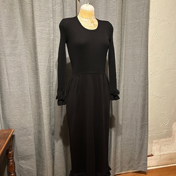 Softest Black Wool Maxi Sweater Dress by Banff Made in Hong Kong, Knitted Ruffle Sleeve Ends and Skirt Hem, Slinky Stretchy - Sm/Med - VFG