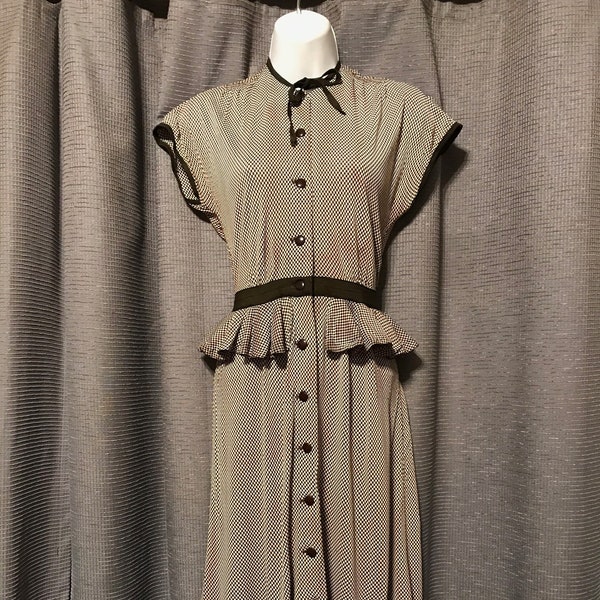 Brown and White Checked 40s Button Down Dress with Neck Tie, Grosgrain Ribbon at Waist, Front Peplum - XXS/XS (Slightly As-Is)