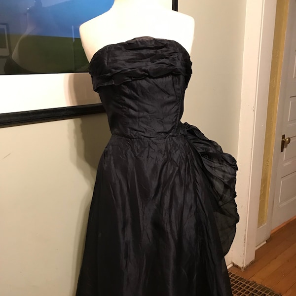 50s Gothic Princess in Shimmery Blue-ish Black Organza Strapless Party Dress with Side Swag Drape - Small