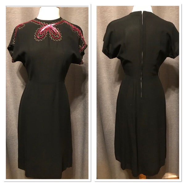 Late 40s Black Rayon Crepe Cocktail Dress with Magenta Sequin Trim, Metallic Soutache Decor, Short Dolman Sleeves - AS-IS - Small - VFG
