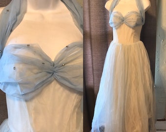 Icey Blue 1950s Disney Princess Prom Formal Full Length Gown With Tulle and Rhinestones/ Cupcake Dress - XS