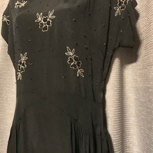 Beautiful Full Skirted 40s Black Rayon Crepe Gown with Floral Beadwork Bodice, Neck and Side Zips, Cap Sleeves, Shoulder Pads - Small image 3