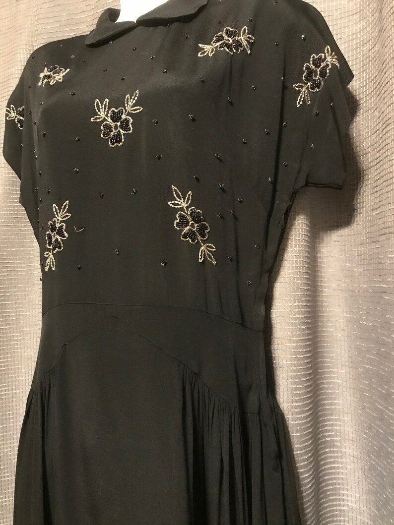 Beautiful Full Skirted 40s Black Rayon Crepe Gown with Floral Beadwork Bodice, Neck and Side Zips, Cap Sleeves, Shoulder Pads - Small image 3