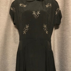 Beautiful Full Skirted 40s Black Rayon Crepe Gown with Floral Beadwork Bodice, Neck and Side Zips, Cap Sleeves, Shoulder Pads - Small image 5