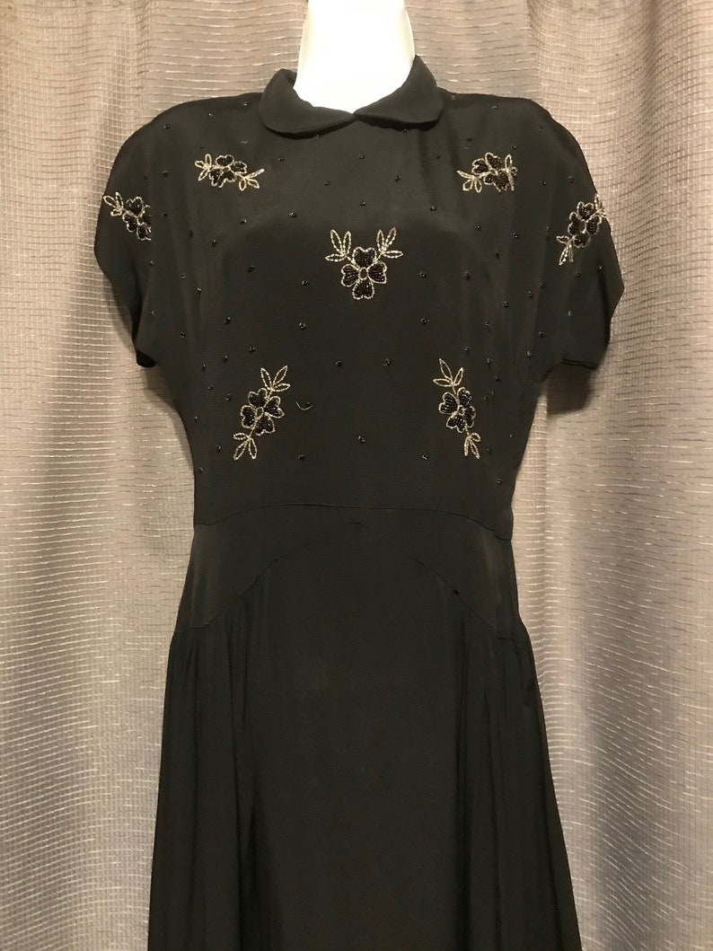Beautiful Full Skirted 40s Black Rayon Crepe Gown with Floral Beadwork Bodice, Neck and Side Zips, Cap Sleeves, Shoulder Pads - Small image 5