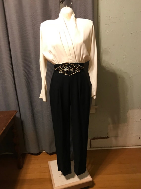 80s Black and Ivory Jumpsuit with Gold Trim by Jo… - image 1