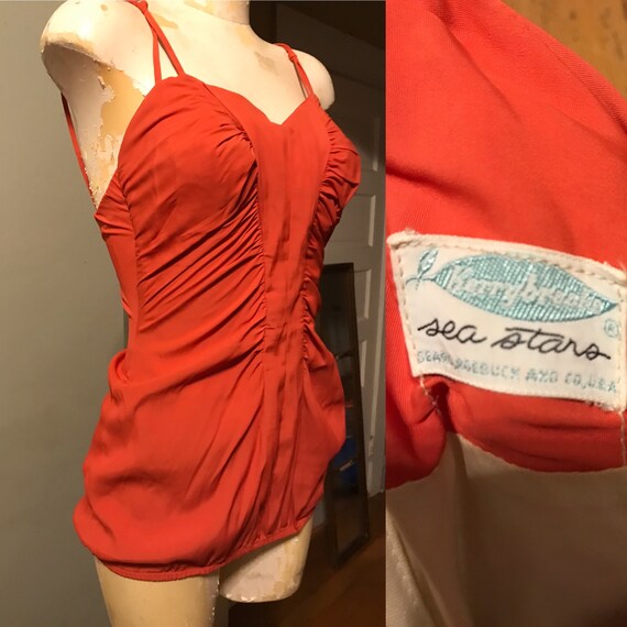 Gorgeous Coral Orange Satin Finish 50s Pin Up Swim