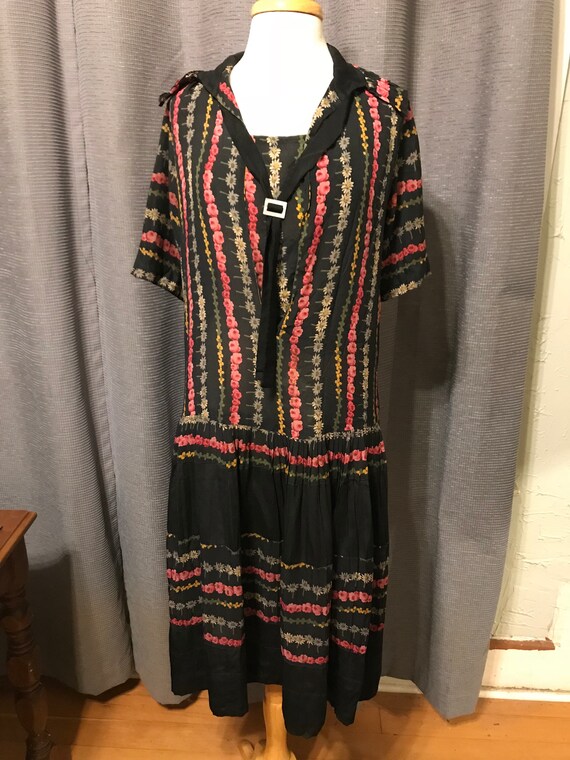 Bright Floral Print on Black Silk 1920s Drop Waist