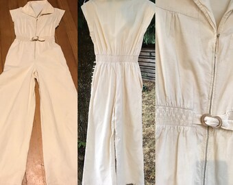 50s Ivory Corduroy Wide-Legged Zip-Front JUMPSUIT with Elastic Waistband and Built-In Belt - Petite, XS