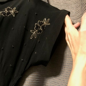 Beautiful Full Skirted 40s Black Rayon Crepe Gown with Floral Beadwork Bodice, Neck and Side Zips, Cap Sleeves, Shoulder Pads - Small image 9