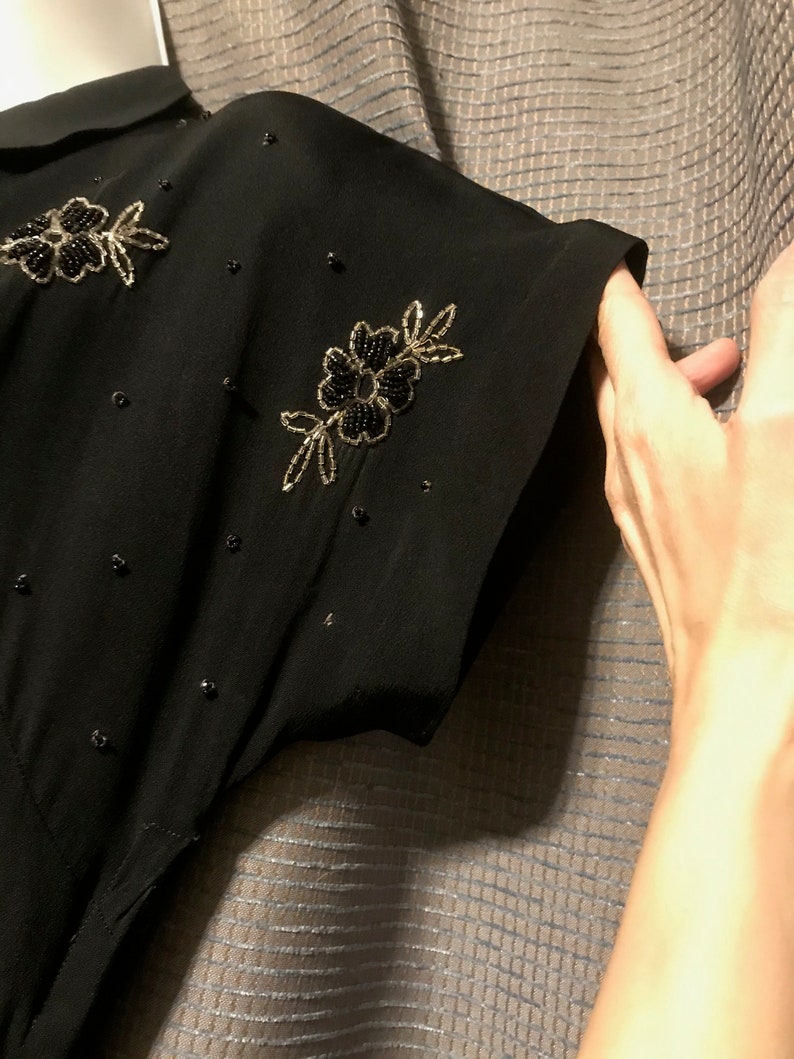 Beautiful Full Skirted 40s Black Rayon Crepe Gown with Floral Beadwork Bodice, Neck and Side Zips, Cap Sleeves, Shoulder Pads - Small image 9