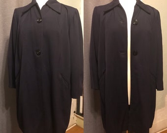 Beautiful 40s Navy Wool Gabardine Swing Coat with Crepe Lining/ Lightweight Spring Weather Coat with Deco Buttons, Strong Shoulder - M/L/XL