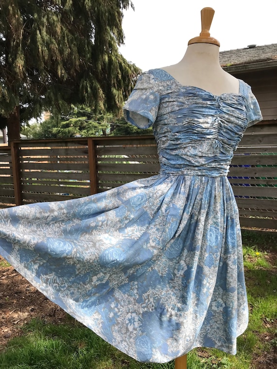 blue dress for baby girl 1950s Vintage Sleeveless Blue Floral Dress