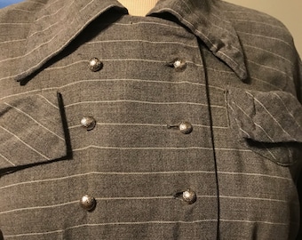 40s Lightweight Double Breasted Grey Pinstripe Peplum Blazer with Sharp Collar, Belt Loops, "Pocket" Detail, Metal Shank Buttons - Medium