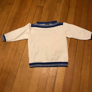 White Stag Juvenile Delinquent Boat Neck Crisp Cotton 50s Top with 3/4 Sleeves and Blue and White Elastic Waist, Cuffs and Neckline - XS