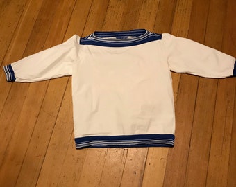 White Stag Juvenile Delinquent Boat Neck Crisp Cotton 50s Top with 3/4 Sleeves and Blue and White Elastic Waist, Cuffs and Neckline - XS