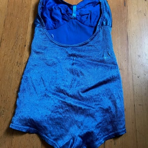 Gorgeous, As-Is, 1930s Blue Satin Lastex One-Piece Swimsuit with Gathered Bust Detail, Skirted Bottom, Halter Straps XS image 3