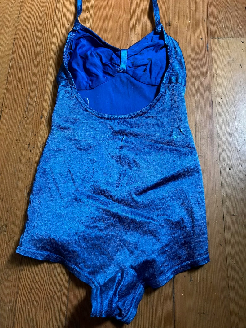 Gorgeous, As-Is, 1930s Blue Satin Lastex One-Piece Swimsuit with Gathered Bust Detail, Skirted Bottom, Halter Straps XS image 3