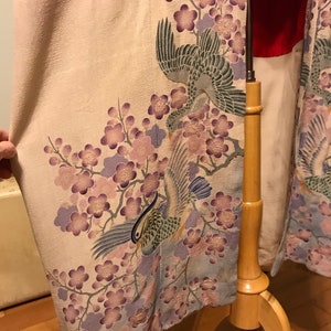 Mid-Century Japanese Kimono Robe done in gorgeous Greyish-Taupe Silk/Rayon Crepe, lined in Red Pongee Raw Silk Decorated with Cranes image 3