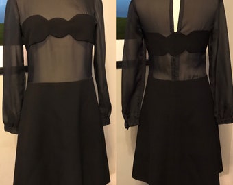 Komplette Bombe!!! 80er Jahre Illusion Body Con Kleid von Ero in Schwarz Doppelstrick und durchsichtig mit dünnem Streifen über der Brust zur Abdeckung - S/Med