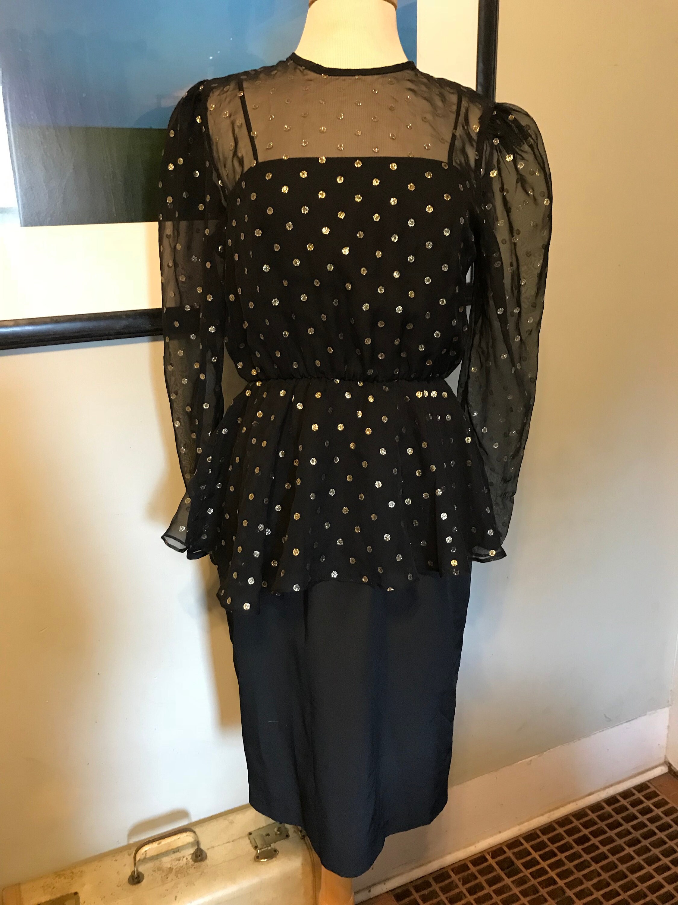 Amazing 80s Black and Gold Glam Rock Sheer Peplum Dress by Jean Leslie - Small/Medium - VFG