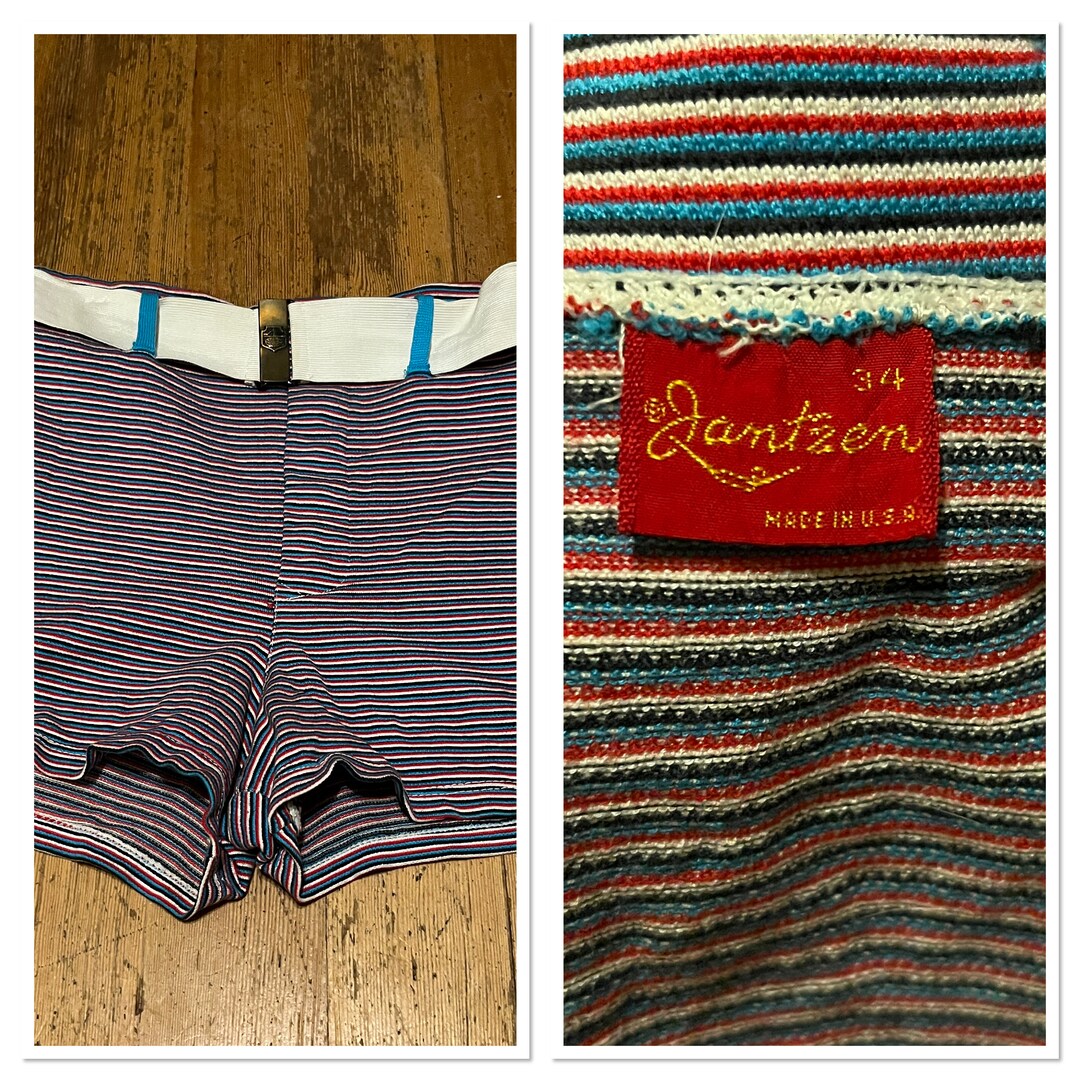 30s/40s Men's Belted Striped Swim Trunks by Jantzen, Size 34, Multicolor Trunks, White Stretch