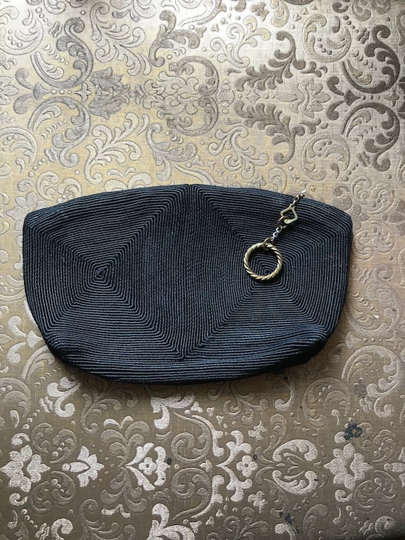 40s Black Cordé Clutch Purse with Gold Tone Pull … - image 1